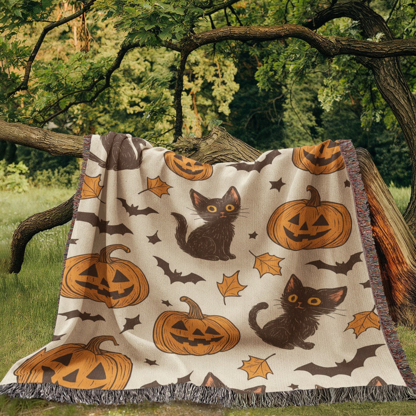 Halloween woven throw blanket featuring black cats, pumpkins, bats, and autumn leaves, draped over a tree in a forest setting.